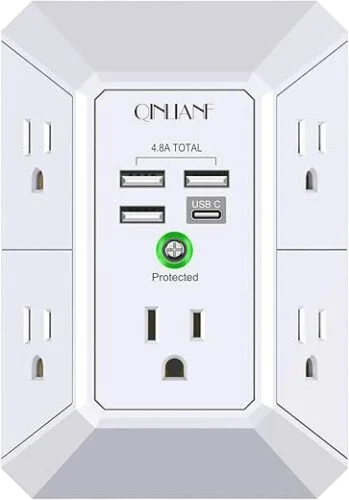 Wall Charger, Surge Protector, QINLIANF 5 Outlet Extender with 4 USB Charging Ports (4.8A Total) 3-Sided 1680J Power Strip Multi Plug Adapter Spaced for Home Travel Office (3U1C)
